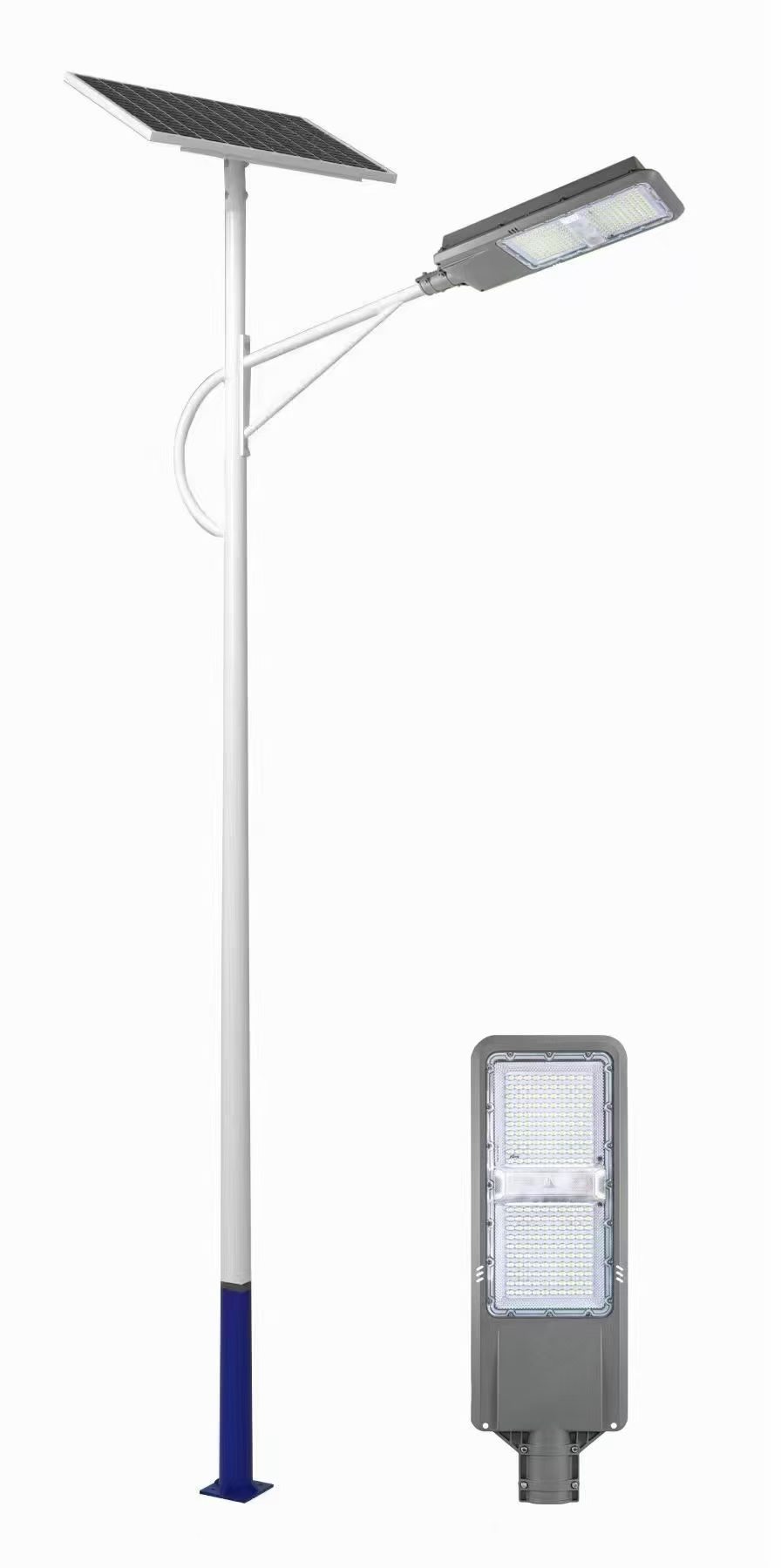 200W MPPT solar street light with dual 100W monocrystalline panels and 240Ah LiFePO4 battery. IP66, Epistar LEDs, 10–16m poles for municipal roads.